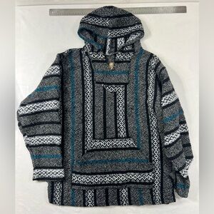 Vintage Baja Joe Hoodie Men's M Gray Black Blue Striped Woven Long Sleeve